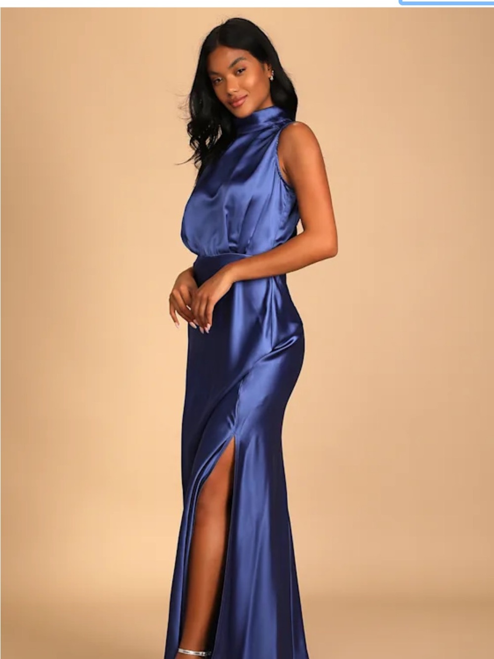 Lulus NEW WITH TAGS Classic Elegance Blue Satin Sleeveless Mock Neck Maxi Dress - Picture 2 of 8